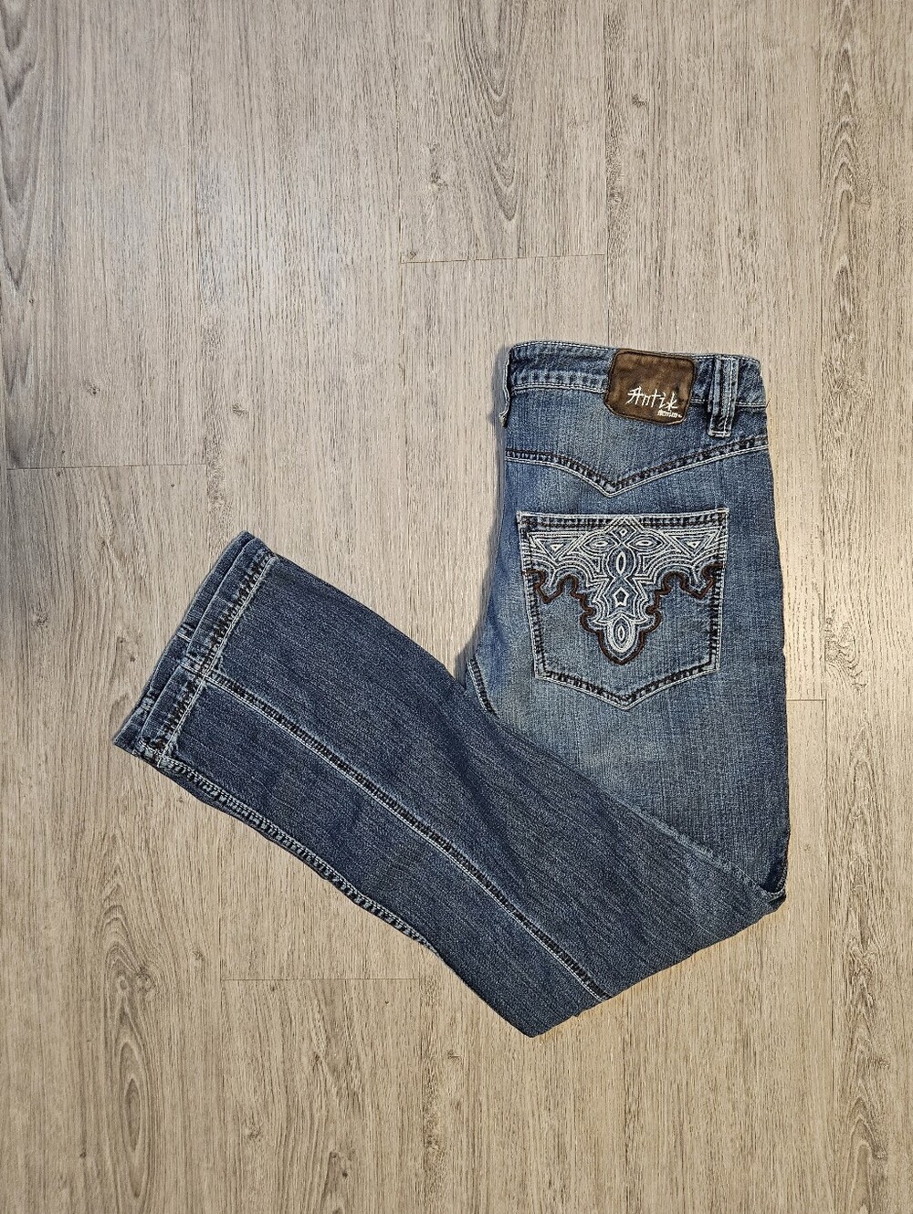 Antik Denim 34w Men’s Blue Bootcut Jeans with Embroidered Pockets